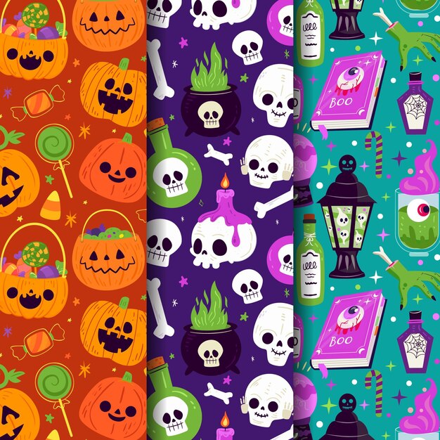 Mão desenhada coleção plana de padrões de halloween