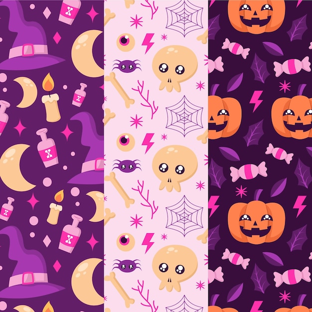 Mão desenhada coleção plana de padrões de halloween