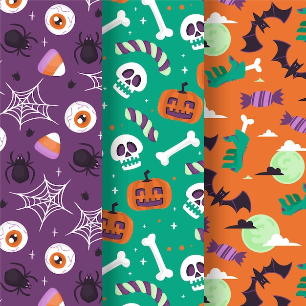 Mão desenhada coleção plana de padrões de halloween