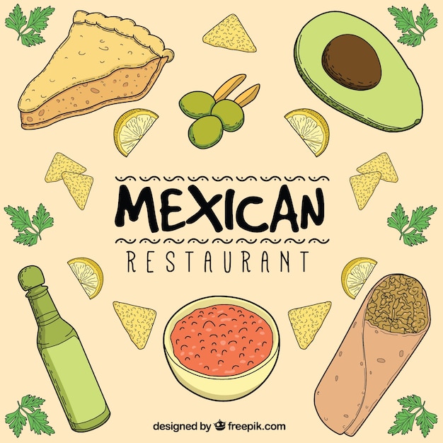 Vetor grátis mão desenhada composição do restaurante mexicano