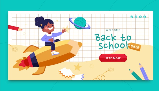 Mão desenhada de volta ao modelo de banner de venda horizontal da escola