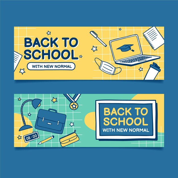 Mão desenhada de volta para conjunto de banners da escola