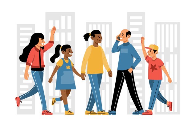 Mão desenhada design plano multidão de pessoas caminhando ilustração