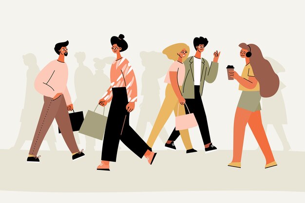 Mão desenhada design plano multidão de pessoas caminhando ilustração
