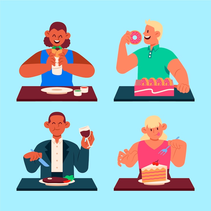 Vetor grátis mão desenhada design plano pessoas comendo coleção