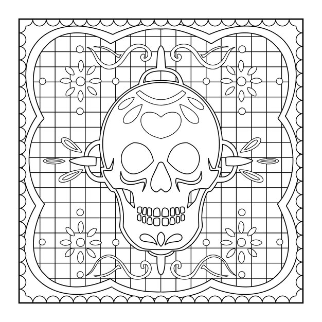 Mão desenhada dia de muertos papel picado ilustração de página para colorir