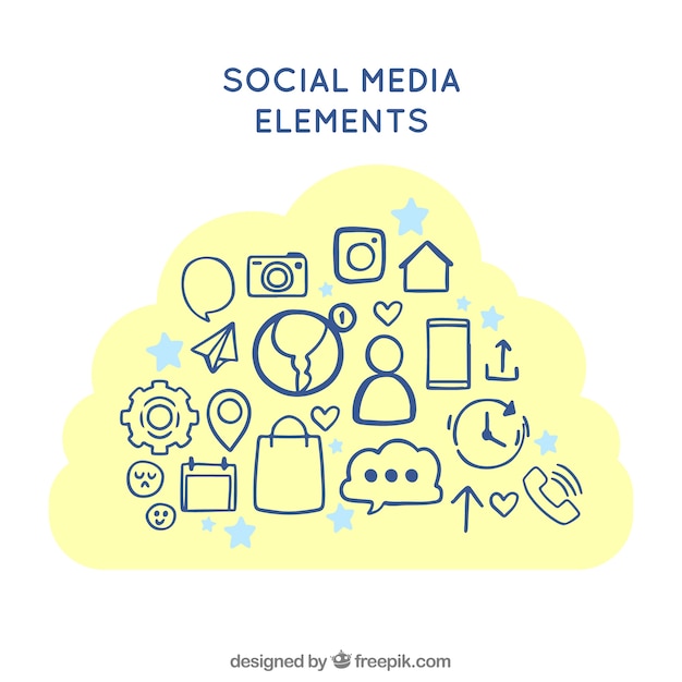 Mão desenhada elementos de mídia social em forma de nuvem