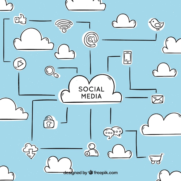 Vetor grátis mão desenhada elementos de mídia social em forma de nuvem