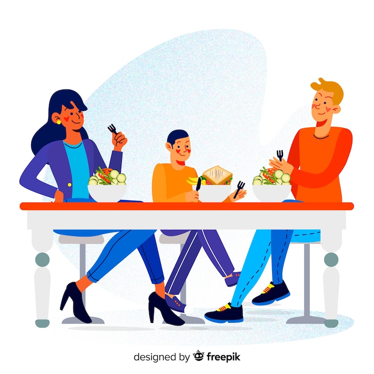 Vetor grátis mão desenhada família comendo juntos cena