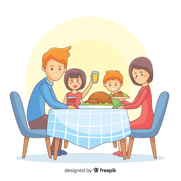 Vetor grátis mão desenhada família comendo juntos cena