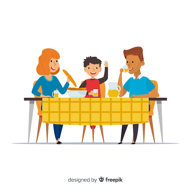 Vetor grátis mão desenhada família comendo juntos