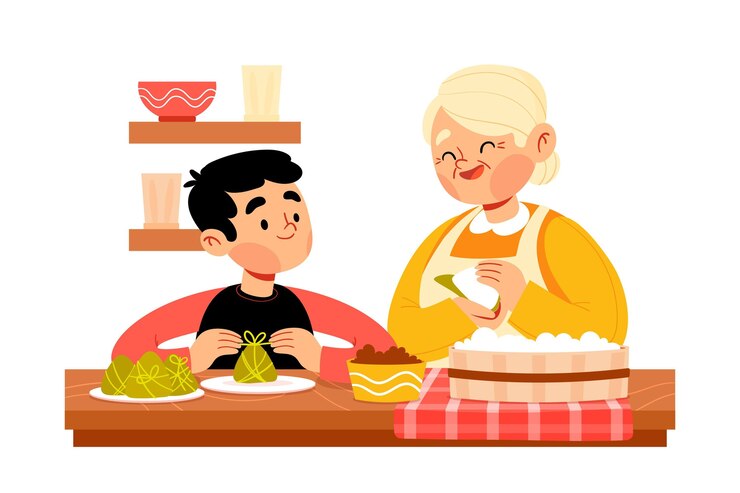 Vetor grátis mão desenhada família preparando zongzi