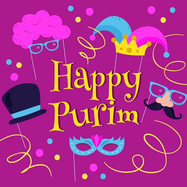 Mão desenhada feliz dia de purim ilustração com elementos de celebração
