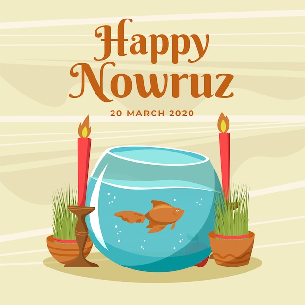 Mão desenhada feliz nowruz e conversar com peixe