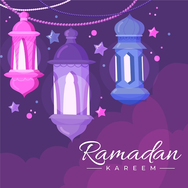 Mão desenhada feliz ramadan kareem velas e estrelas