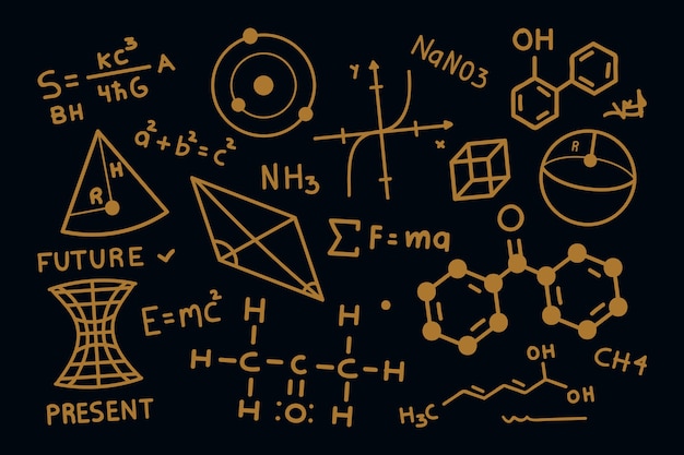 Mão desenhada fórmulas científicas em fundo de quadro de giz