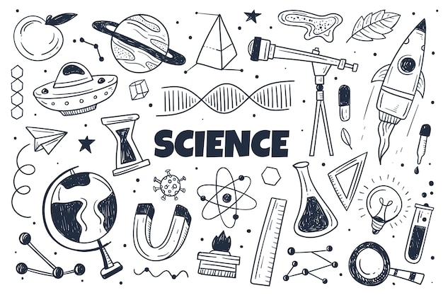 Vetor grátis mão desenhada fundo de ciência com conjunto de elementos