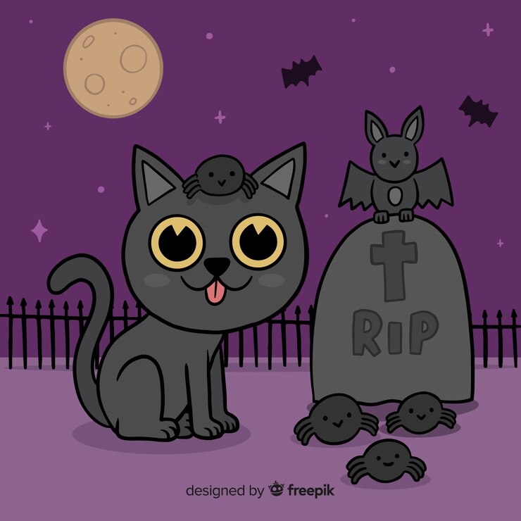 Vetor grátis mão desenhada gato halloween no cemitério