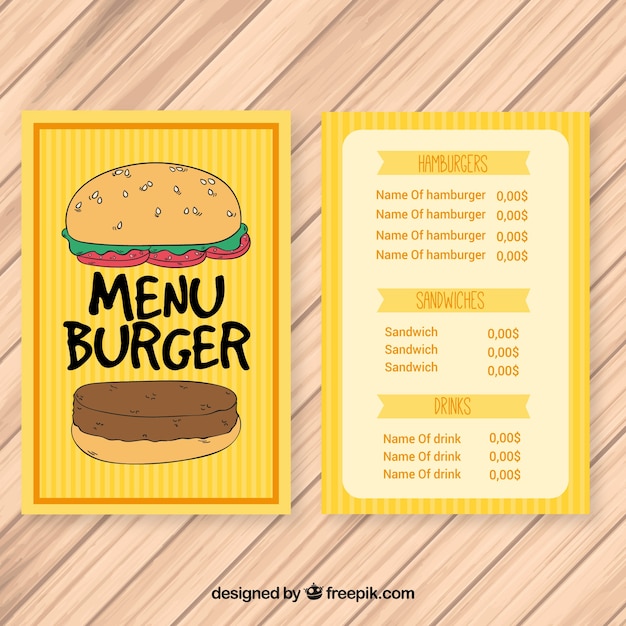 Vetor grátis mão desenhada hambúrguer menu amarelo