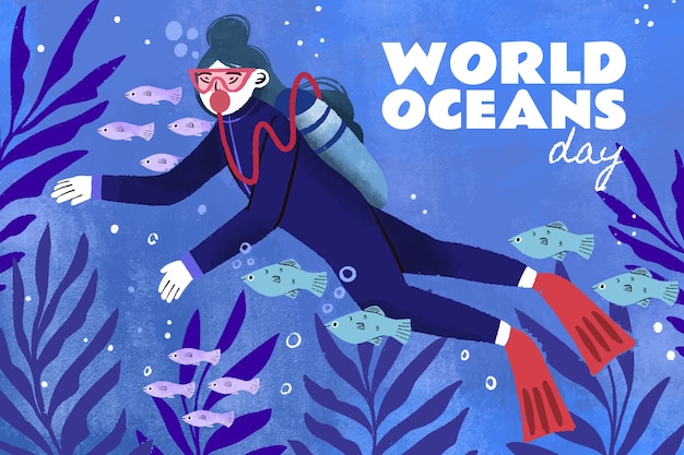 Mão desenhada ilustração de dia mundial dos oceanos