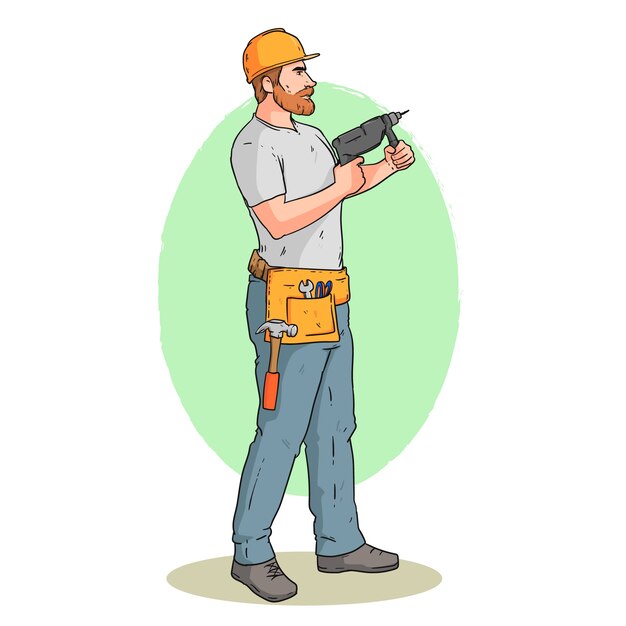 Mão desenhada ilustração dos desenhos animados do trabalhador da construção civil