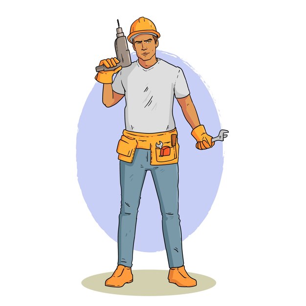 Mão desenhada ilustração dos desenhos animados do trabalhador da construção civil
