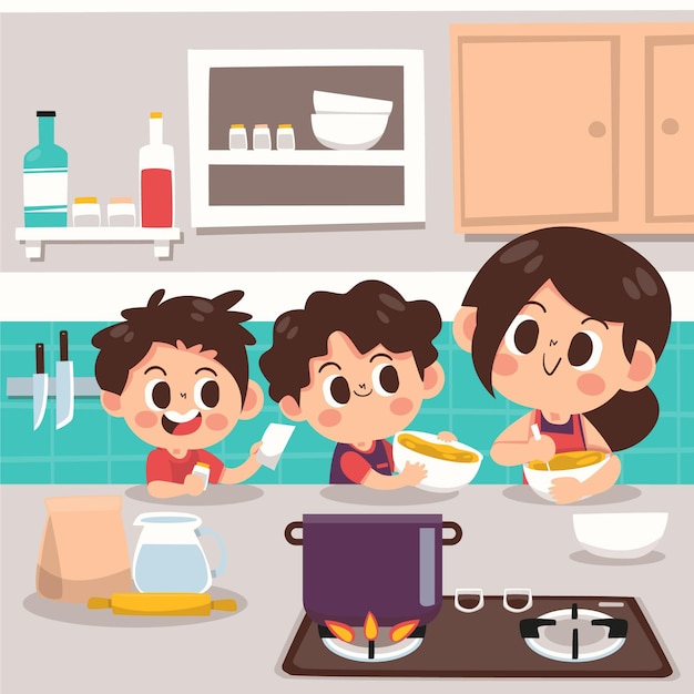 a criança faz um jogo infantil - o cozinheiro prepara a comida. ilustração  em vetor desenho animado isolada 3695260 Vetor no Vecteezy