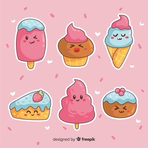 Vetor grátis mão desenhada kawaii pacote de comida doce