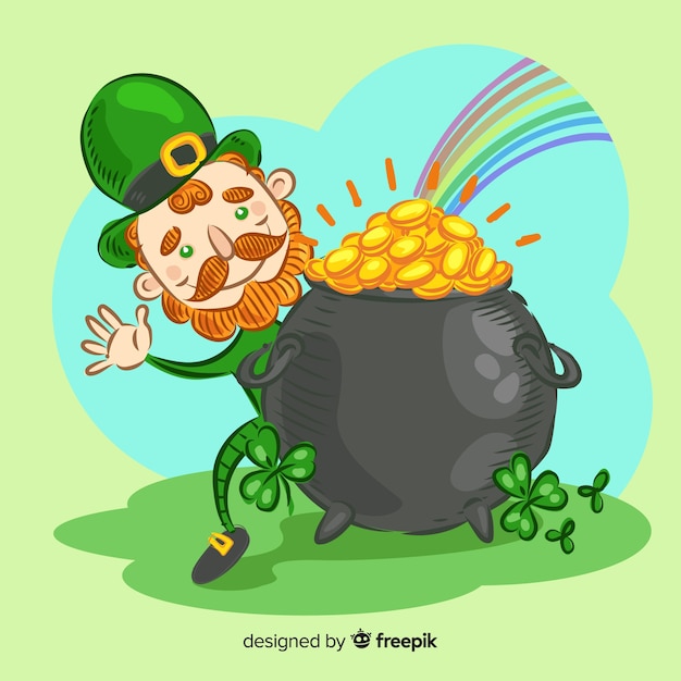 Vetor grátis mão desenhada leprechaun com fundo de dia do caldeirão st patrick