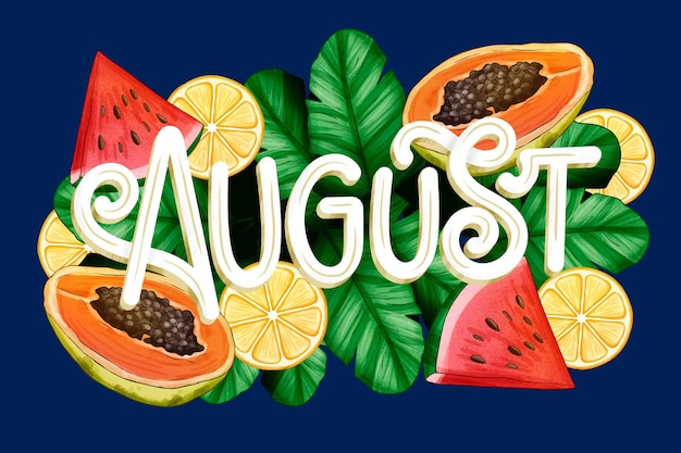 Mão desenhada letras de agosto com frutas