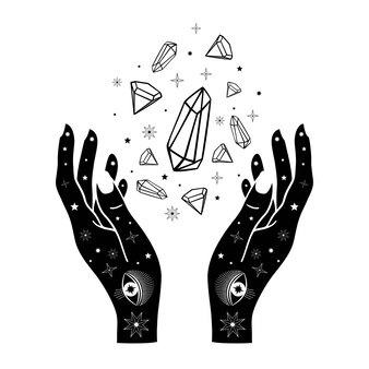 Mão desenhada mulher mãos com diamantes, olhos e estrelas na arte de linha. espaço celestial de símbolo espiritual. talismã mágico, estilo antigo, boho, tatuagem, logotipo. ilustração vetorial isolada em fundo branco