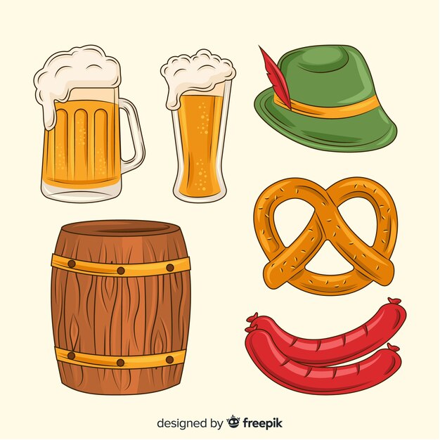 Mão desenhada oktoberfest comida e cerveja coleção