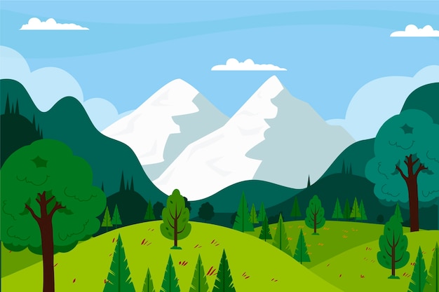 Vetor grátis mão desenhada paisagem montanhosa com árvores