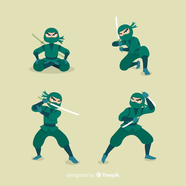 Vetor grátis mão desenhada personagem ninja em poses diferentes