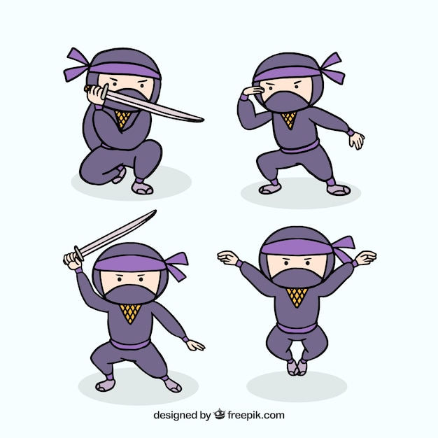 Vetor grátis mão desenhada personagem ninja em poses diferentes