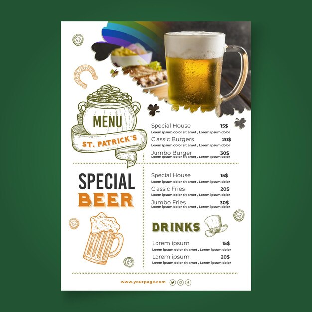 Mão desenhada st. menu do dia de patrick