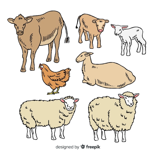 Mão, desenhado, fazenda, animal, cobrança