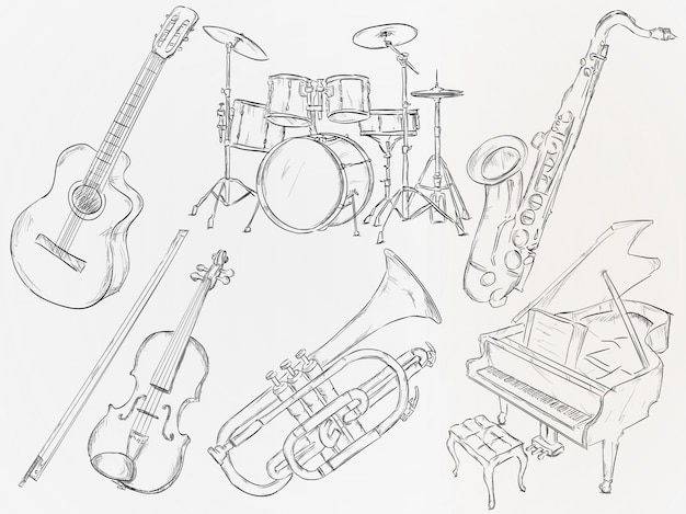 Mão, desenhado, musical, instrumento