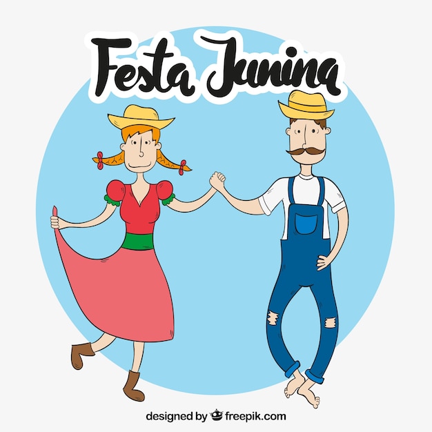 Mão, desenhado, par, dançar, festa, junina, fundo