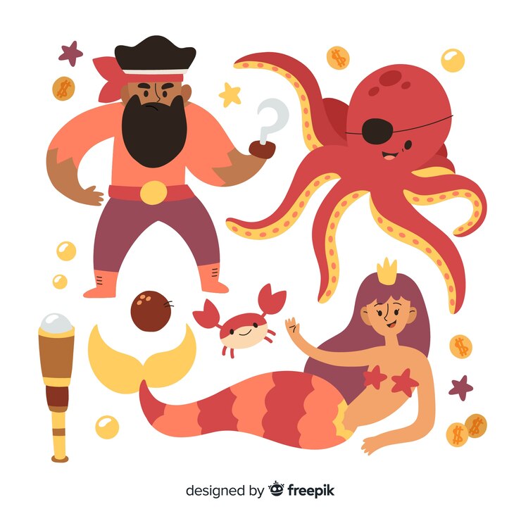 Vetor grátis mão, desenhado, vida marinha, personagem, cobrança