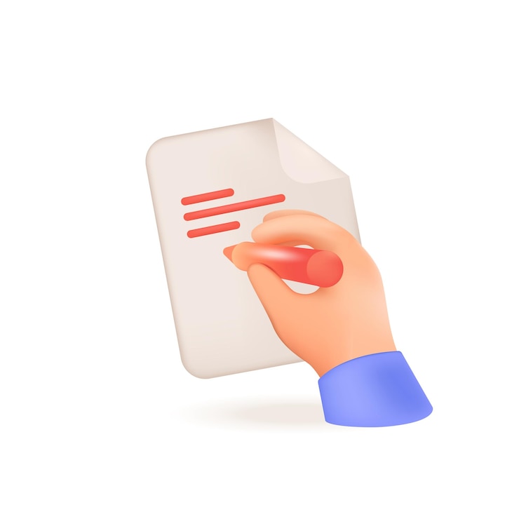 Vetor grátis mão do aluno escrevendo com lápis sobre ilustração 3d de papel. desenho de mão segurando ferramenta de escrita, documento ou papel de teste em estilo 3d em fundo branco. conceito de educação