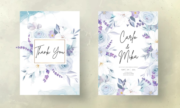 Mão elegante desenho cartão de convite de casamento floral azul gelo