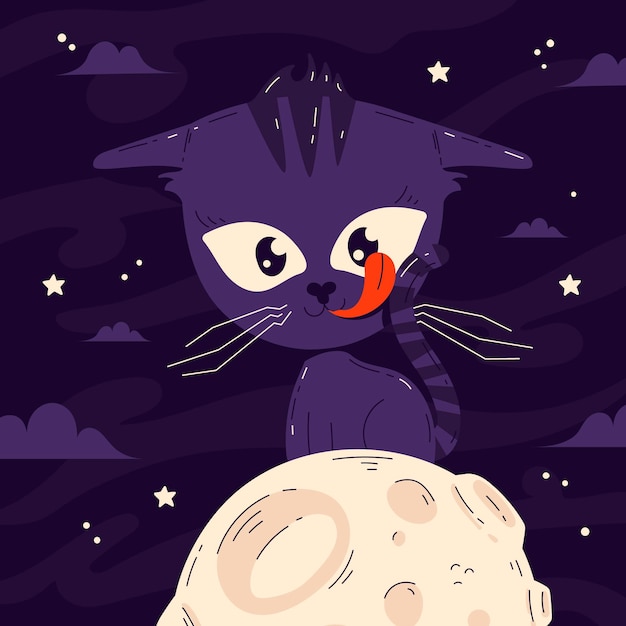 Mão-extraídas ilustração plana de gato de halloween