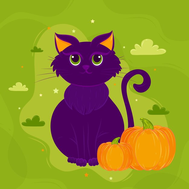 Mão-extraídas ilustração plana de gato de halloween