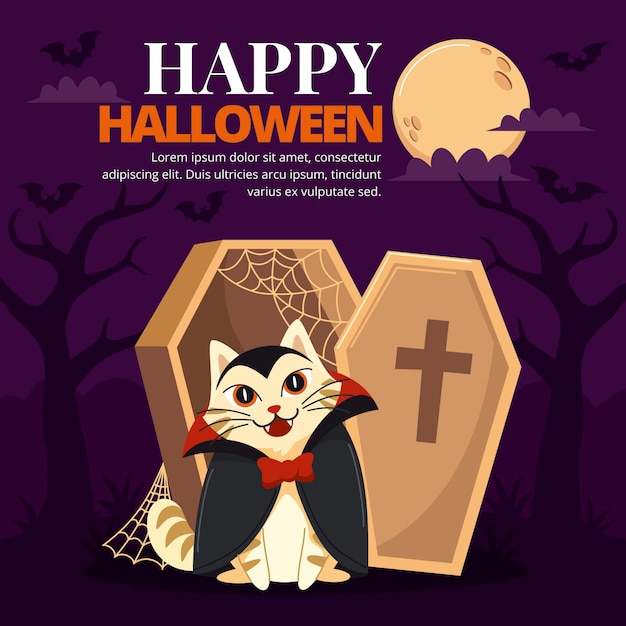 Mão-extraídas ilustração plana de gato de halloween