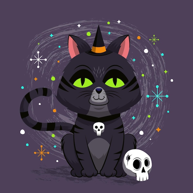 Vetor grátis mão-extraídas ilustração plana de gato de halloween