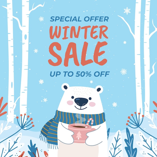 Vetor grátis mão-extraídas ilustração plana de venda de inverno com urso polar segurando uma bebida quente