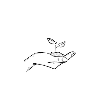 Mão humana segurando um punhado de solo com ícone de doodle de contorno de vetor de broto jovem mão desenhada. mão com ilustração de desenho de broto para impressão, web, mobile e infográficos isolados no fundo branco.
