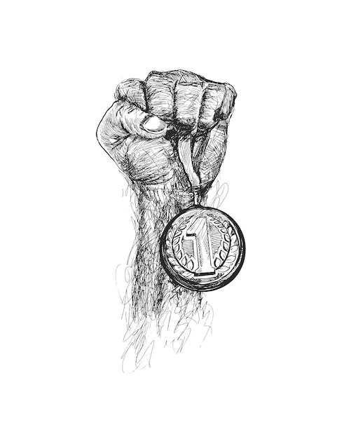 Mão levantada e segurando medalha de ouro Prêmio de ilustração vetorial de esboço de vitória