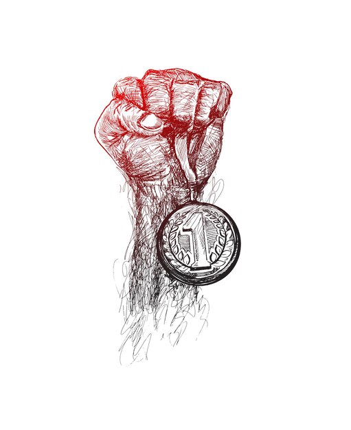 Mão levantada e segurando medalha de ouro Prêmio de ilustração vetorial de esboço de vitória